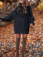 Black chunky cable knit mini sweater dress with balloon sleeves and crew neck - view 4