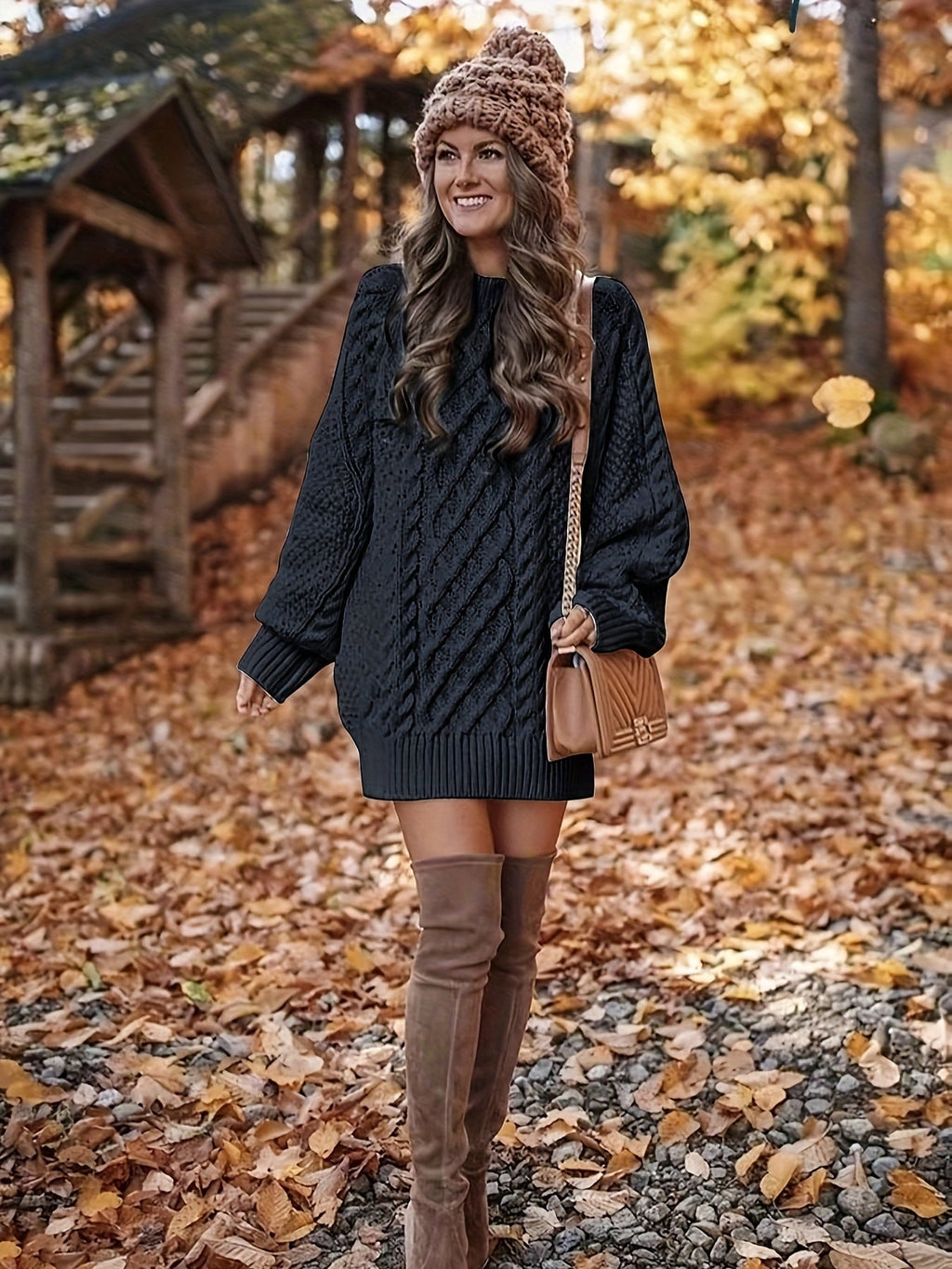 Black chunky cable knit mini sweater dress with balloon sleeves and crew neck - view 5