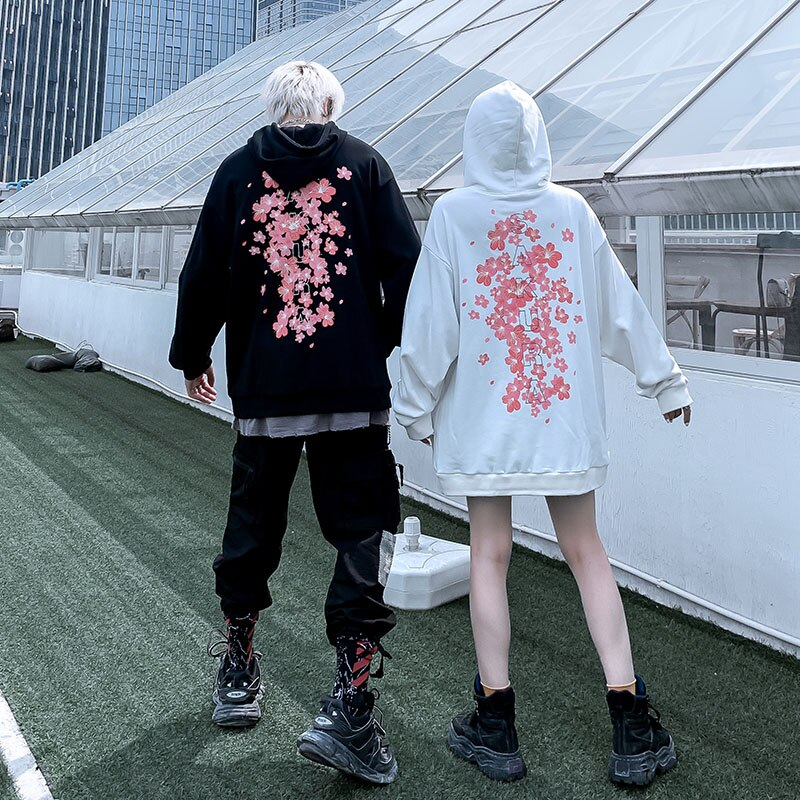 Oversized unisex hoodie with pink cherry blossom sakura print on front and back - view 2