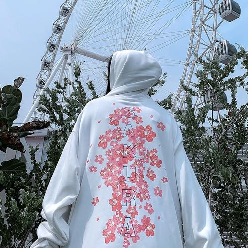 Oversized unisex hoodie with pink cherry blossom sakura print on front and back - view 3
