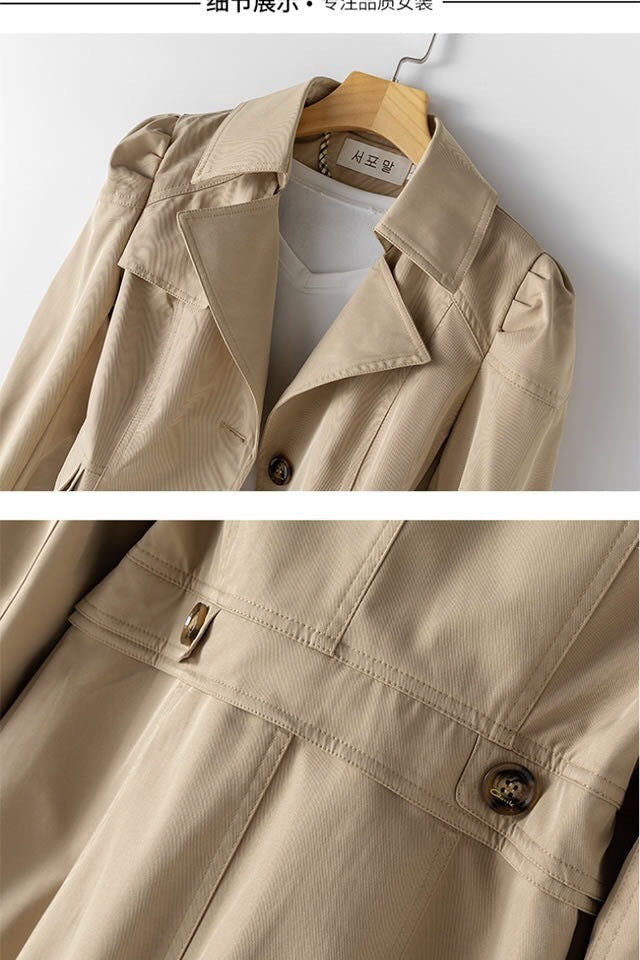 Women's fitted single-breasted trench coat with puff shoulders and notched lapels - view 4