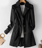 Women's fitted single-breasted trench coat with puff shoulders and notched lapels - view 5