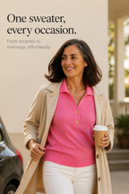 Woman wearing a relaxed collared knit sweater with a two-button placket - view 10