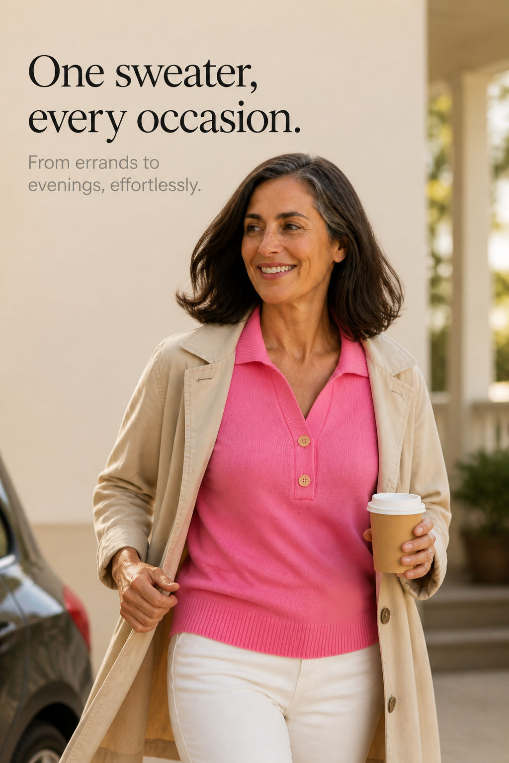 Woman wearing a relaxed collared knit sweater with a two-button placket - view 10