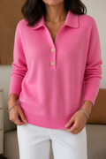 Woman wearing a relaxed collared knit sweater with a two-button placket - view 13