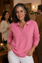 Woman wearing a relaxed collared knit sweater with a two-button placket - view 2