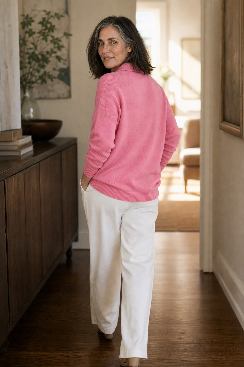 Woman wearing a relaxed collared knit sweater with a two-button placket - view 5
