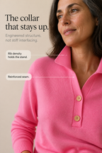 Woman wearing a relaxed collared knit sweater with a two-button placket - view 7