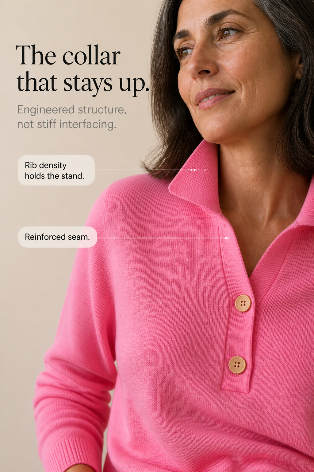 Woman wearing a relaxed collared knit sweater with a two-button placket - view 7