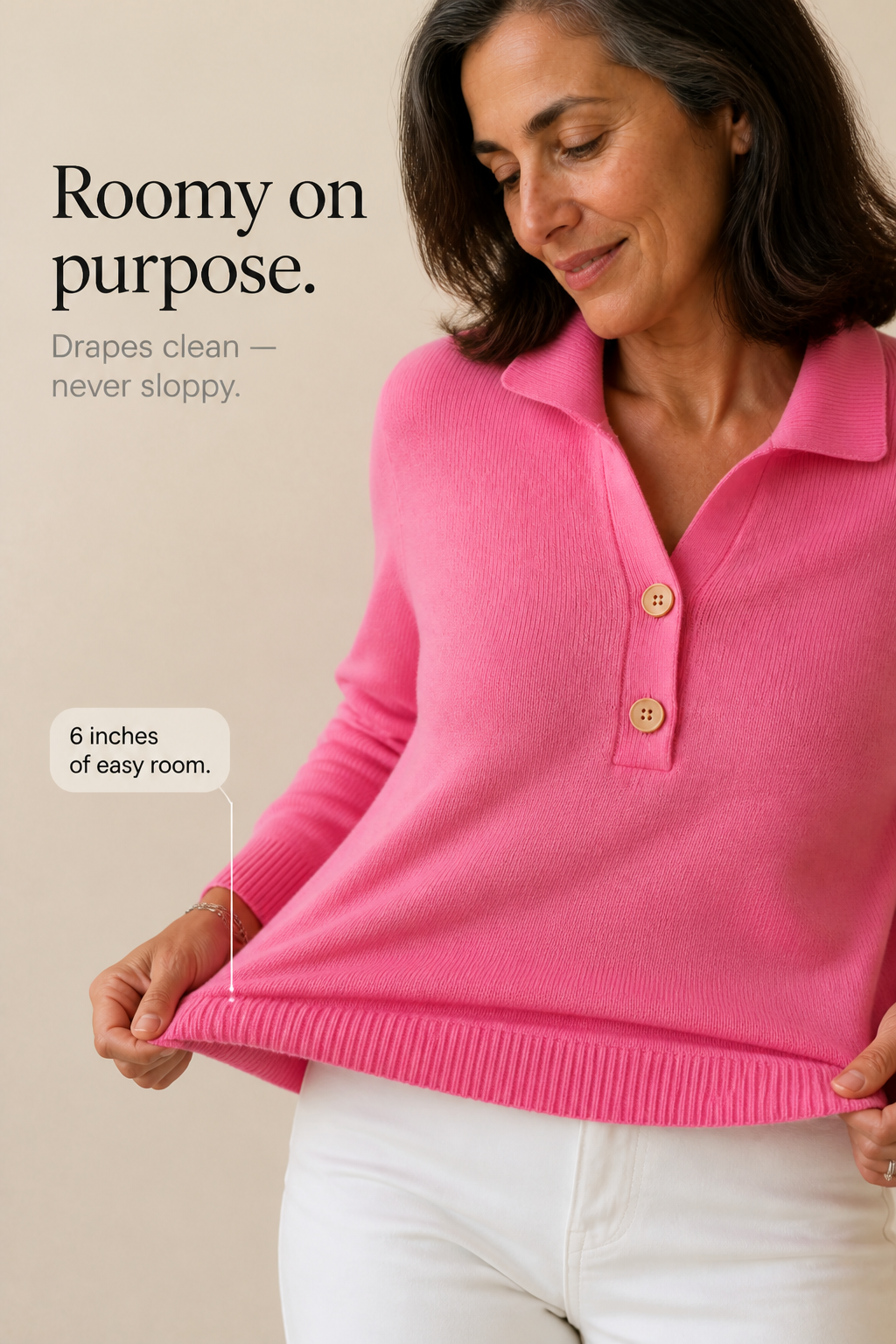 Woman wearing a relaxed collared knit sweater with a two-button placket - view 8