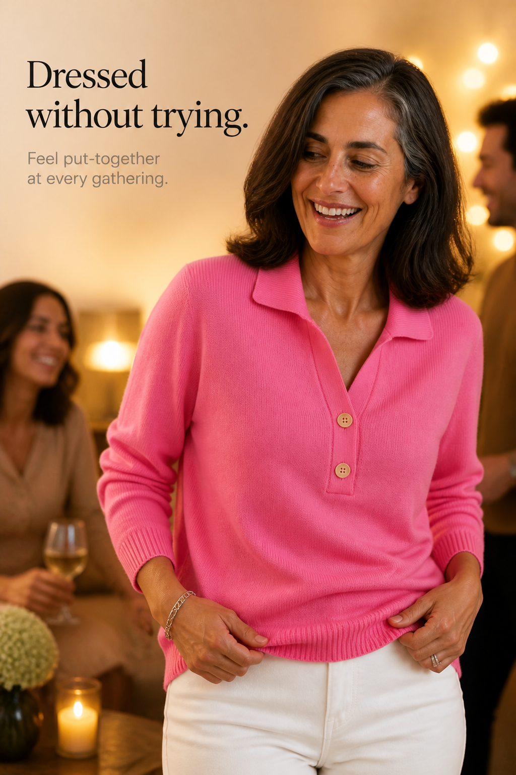 Woman wearing a relaxed collared knit sweater with a two-button placket - view 9