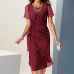 Burgundy twist front ruffle midi cocktail dress with sheer flutter sleeves