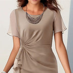 Burgundy twist front ruffle midi cocktail dress with sheer flutter sleeves - view 10