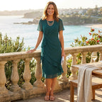 Burgundy twist front ruffle midi cocktail dress with sheer flutter sleeves - view 12