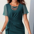Burgundy twist front ruffle midi cocktail dress with sheer flutter sleeves - view 13