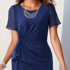 Burgundy twist front ruffle midi cocktail dress with sheer flutter sleeves - view 17