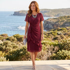 Burgundy twist front ruffle midi cocktail dress with sheer flutter sleeves - view 2