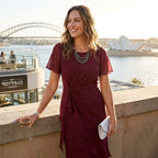 Burgundy twist front ruffle midi cocktail dress with sheer flutter sleeves - view 3