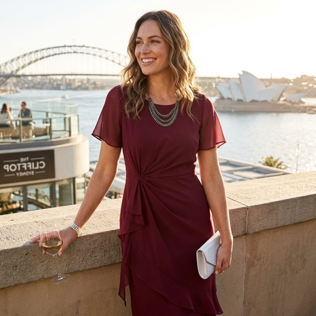 Burgundy twist front ruffle midi cocktail dress with sheer flutter sleeves - view 3