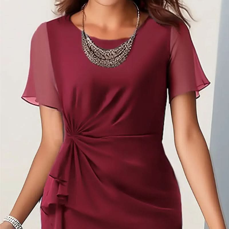 Burgundy twist front ruffle midi cocktail dress with sheer flutter sleeves - view 4