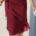 Burgundy twist front ruffle midi cocktail dress with sheer flutter sleeves - view 5