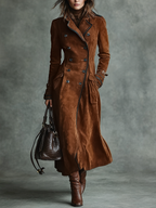 Double-breasted brown women's winter coat in suede-look fabric with flap pockets