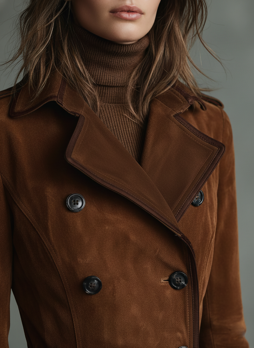 Double-breasted brown women's winter coat in suede-look fabric with flap pockets - view 2