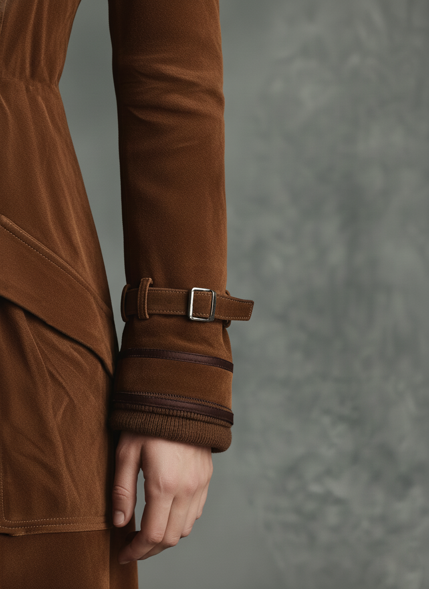Double-breasted brown women's winter coat in suede-look fabric with flap pockets - view 3