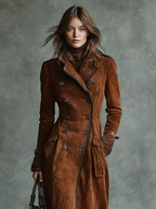 Double-breasted brown women's winter coat in suede-look fabric with flap pockets - view 4