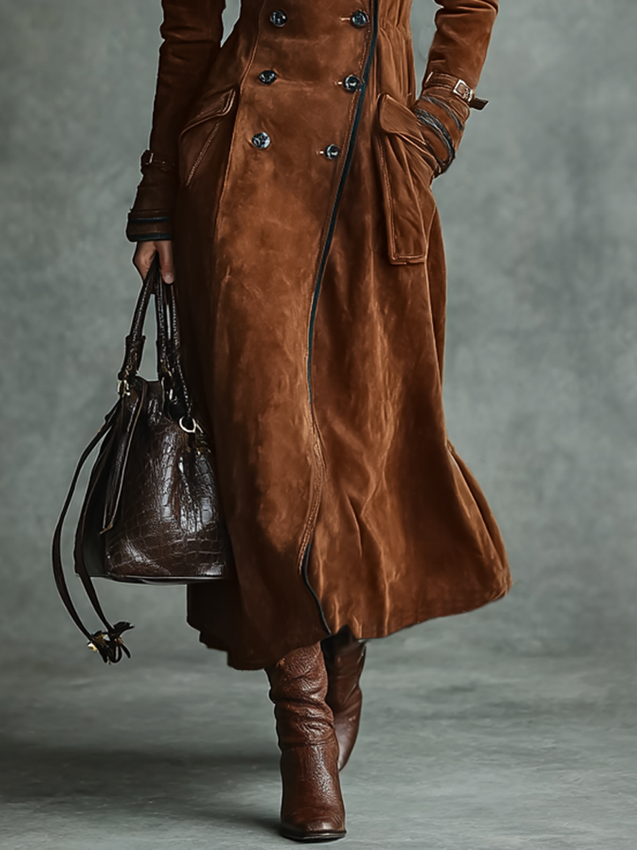 Double-breasted brown women's winter coat in suede-look fabric with flap pockets - view 5