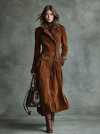 Double-breasted brown women's winter coat in suede-look fabric with flap pockets - view 6