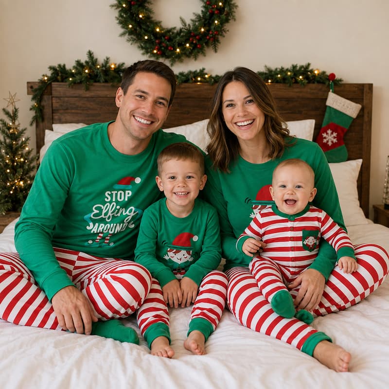 Family in matching green elf graphic tops and red and white striped Christmas pajama pants