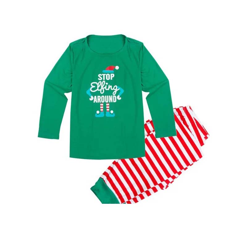 Family in matching green elf graphic tops and red and white striped Christmas pajama pants - view 10