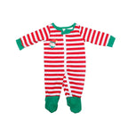 Family in matching green elf graphic tops and red and white striped Christmas pajama pants - view 11