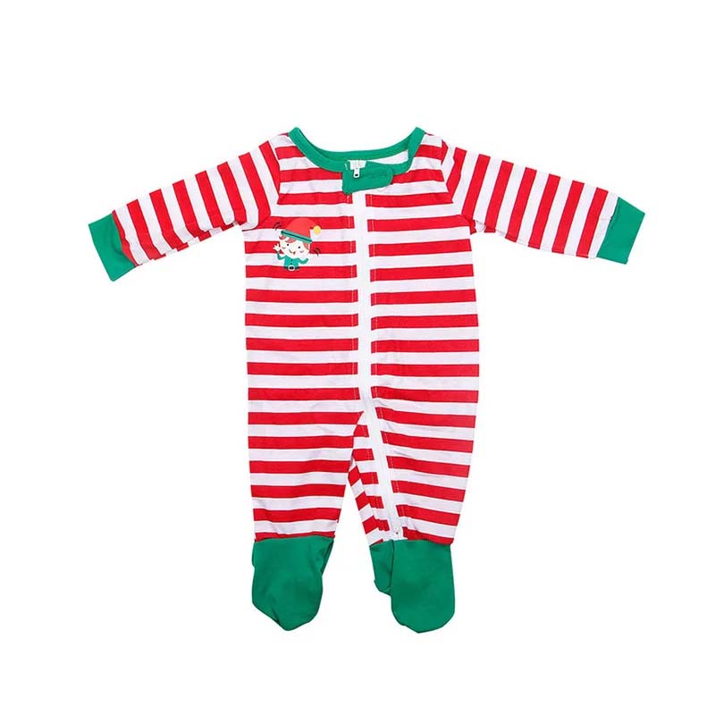 Family in matching green elf graphic tops and red and white striped Christmas pajama pants - view 11
