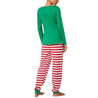 Family in matching green elf graphic tops and red and white striped Christmas pajama pants - view 8