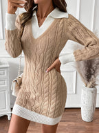 Beige cable knit sweater dress with white collar, cuffs and hem - view 3