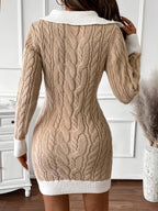 Beige cable knit sweater dress with white collar, cuffs and hem - view 5