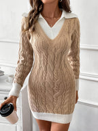 Beige cable knit sweater dress with white collar, cuffs and hem - view 7