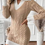 Beige cable knit sweater dress with white collar, cuffs and hem - view 8