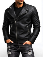 Men's leather-look motorcycle jacket with quilted shoulders and slanted zip