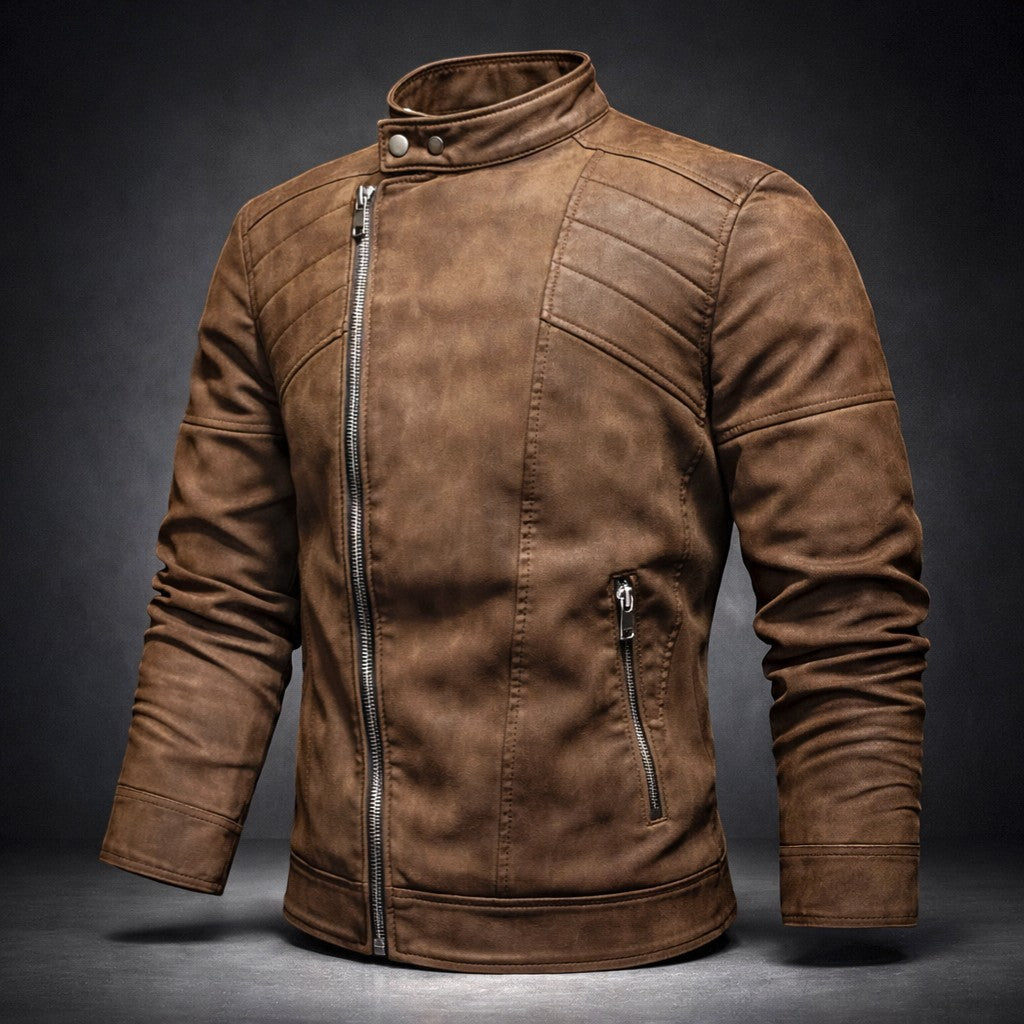 Men's leather-look motorcycle jacket with quilted shoulders and slanted zip - view 5