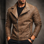 Men's leather-look motorcycle jacket with quilted shoulders and slanted zip - view 6