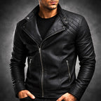 Men's leather-look motorcycle jacket with quilted shoulders and slanted zip - view 7