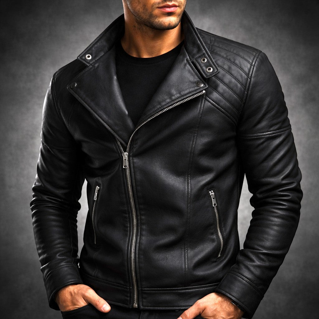 Men's leather-look motorcycle jacket with quilted shoulders and slanted zip - view 7