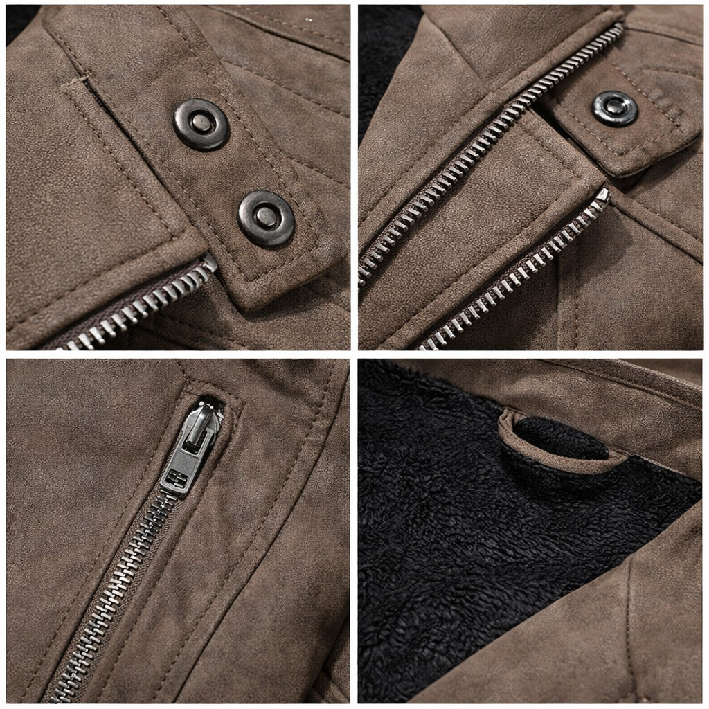 Men's leather-look motorcycle jacket with quilted shoulders and slanted zip - view 8
