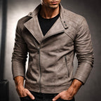 Men's leather-look motorcycle jacket with quilted shoulders and slanted zip - view 9