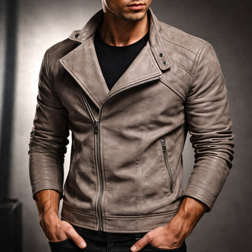 Men's leather-look motorcycle jacket with quilted shoulders and slanted zip - view 9