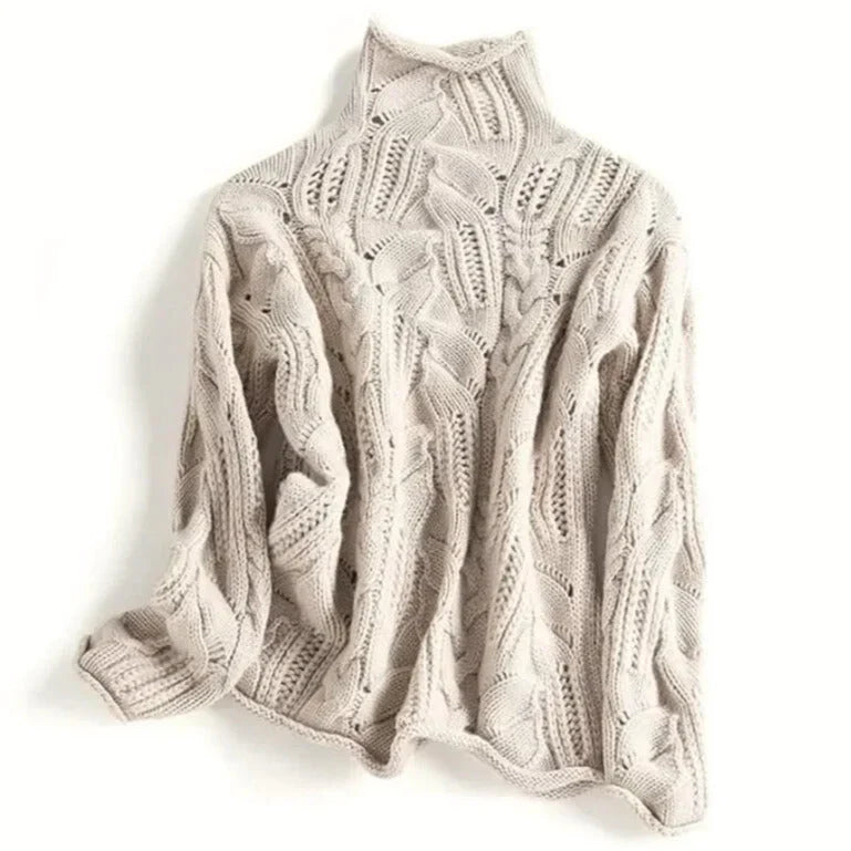 Women's openwork cable knit turtleneck sweater with relaxed fit and rolled edges - view 2