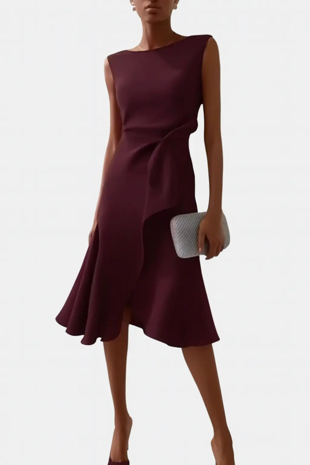 Oaklyn Asymmetric Ruffle Midi Dress – Boat Neck Sleeveless Formal Elegance oaklynwear